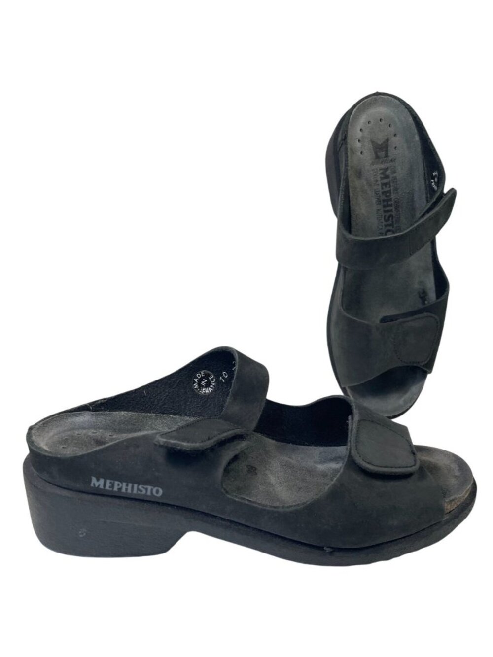 Mephisto Black Leather Comfort Nubuck Slides Sandals 39 Adjustable Straps France